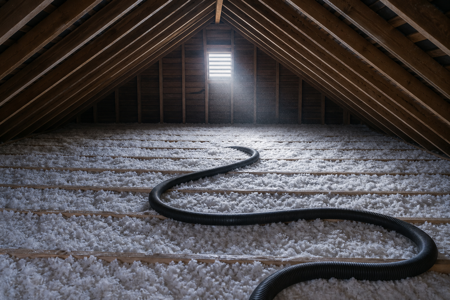 Blown-in loose fill insulation between attic rafters in a residential attic