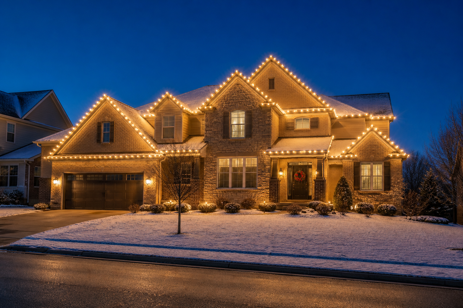 Two-story home outlined in warm white roofline Christmas lights at winter dusk