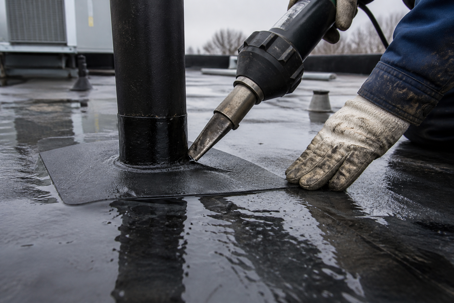Technician heat-welding a membrane patch around a pipe penetration on a flat commercial roof
