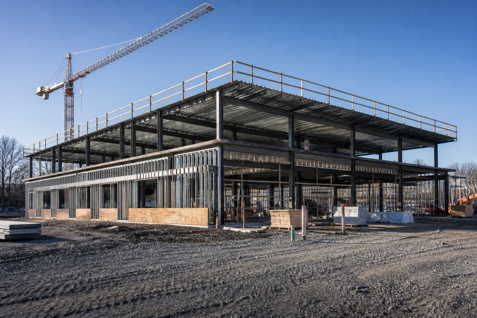 Newly framed commercial building with exposed steel roof decking under construction