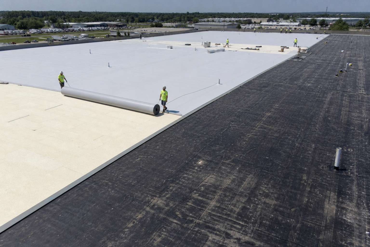 New gray TPO membrane being rolled out over insulation board on a warehouse roof