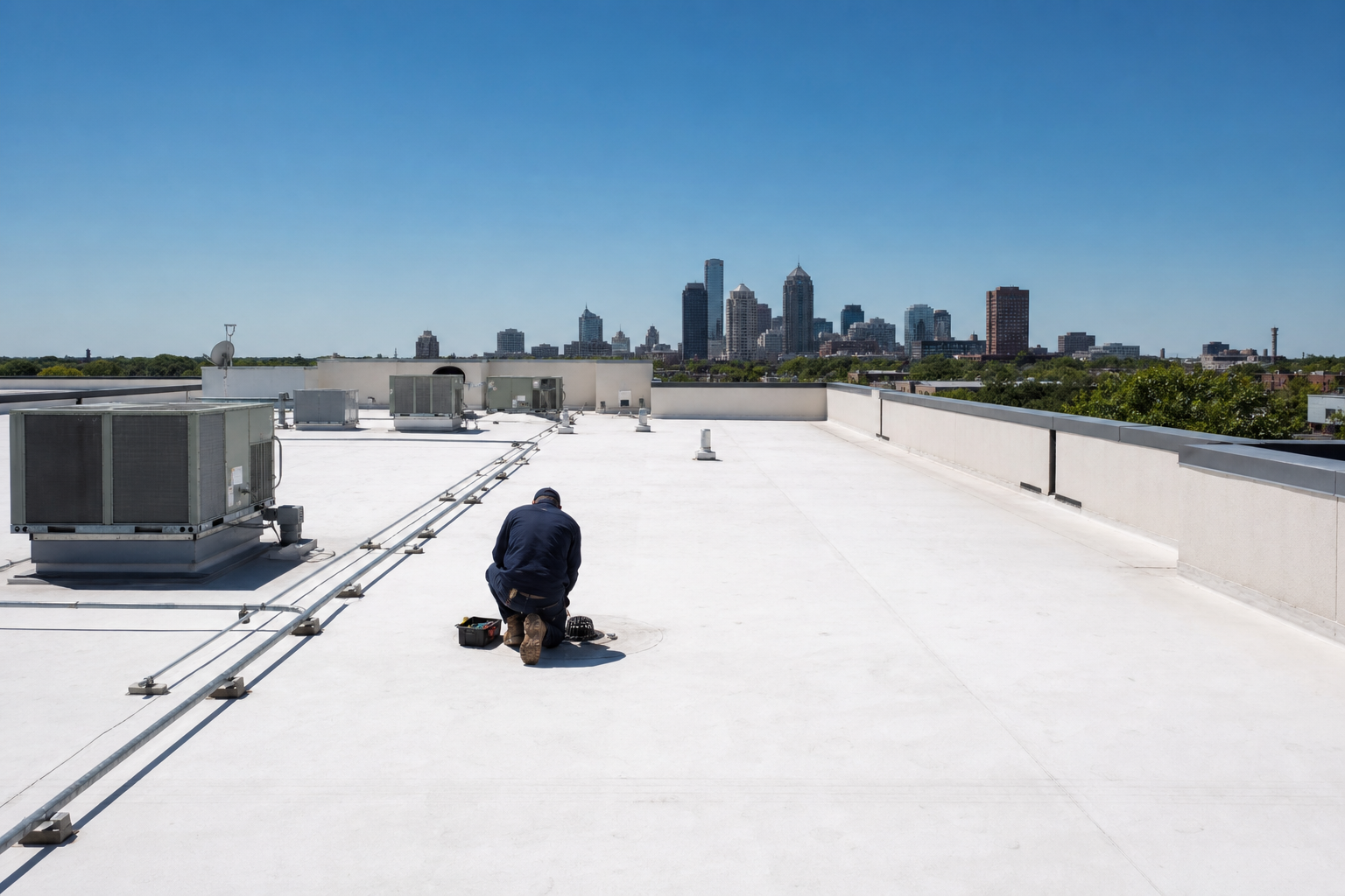 Technician inspecting a roof drain on a white TPO commercial rooftop