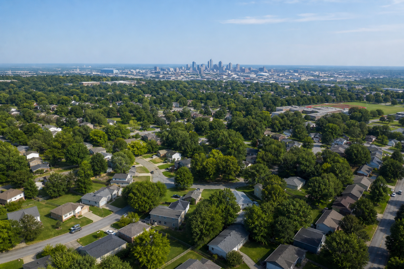 Aerial view of Kansas City metro neighborhoods served by Easton Roofing