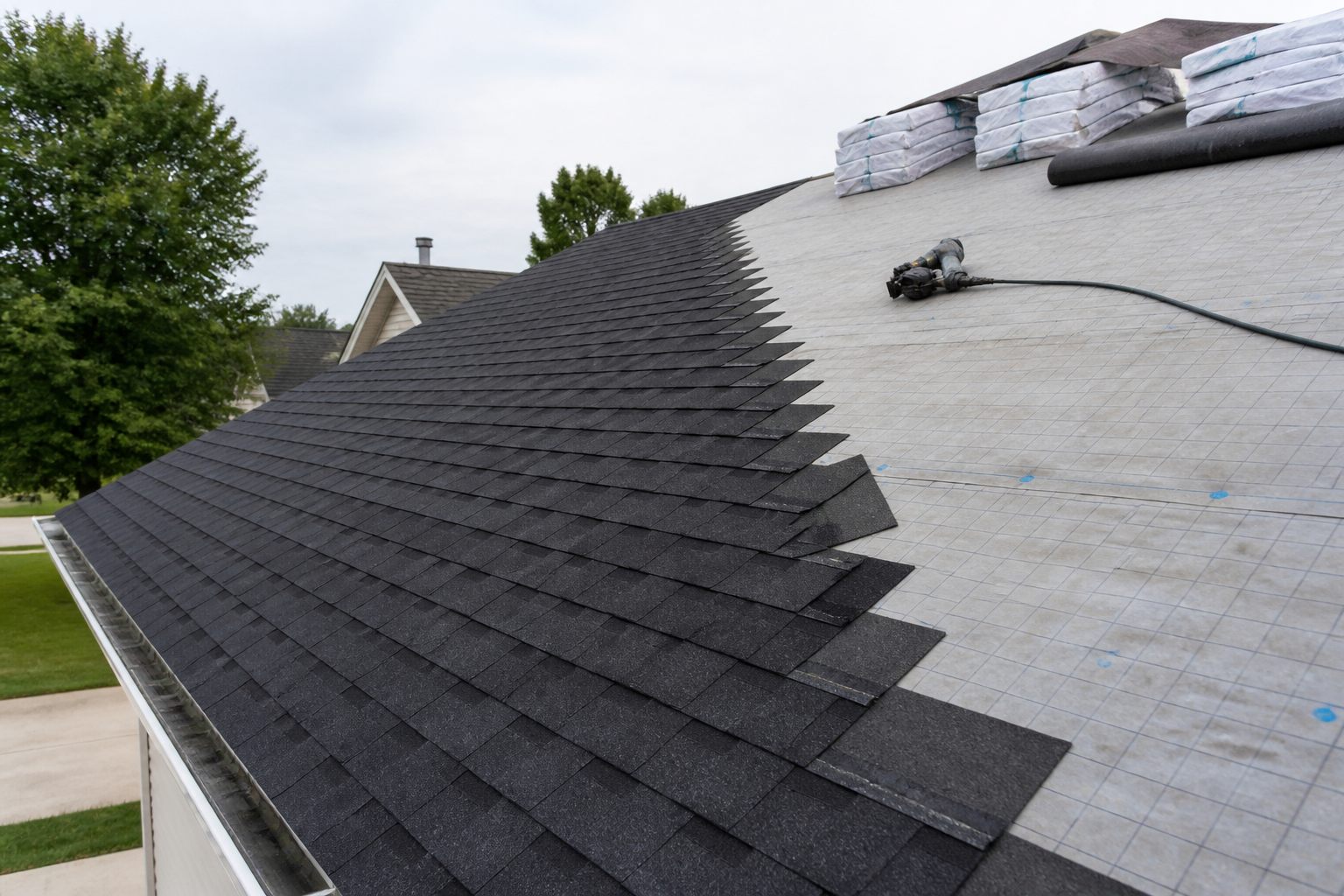 New architectural asphalt shingles being installed during a Kansas City roof replacement