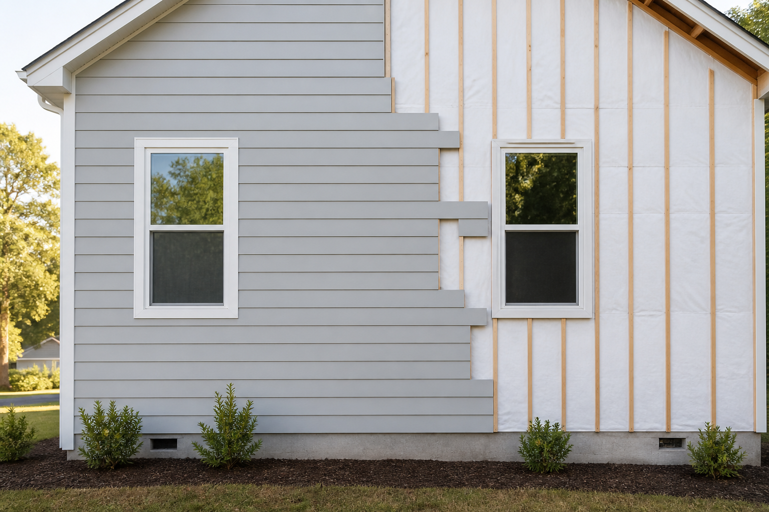 Light gray lap siding being installed on a suburban home exterior
